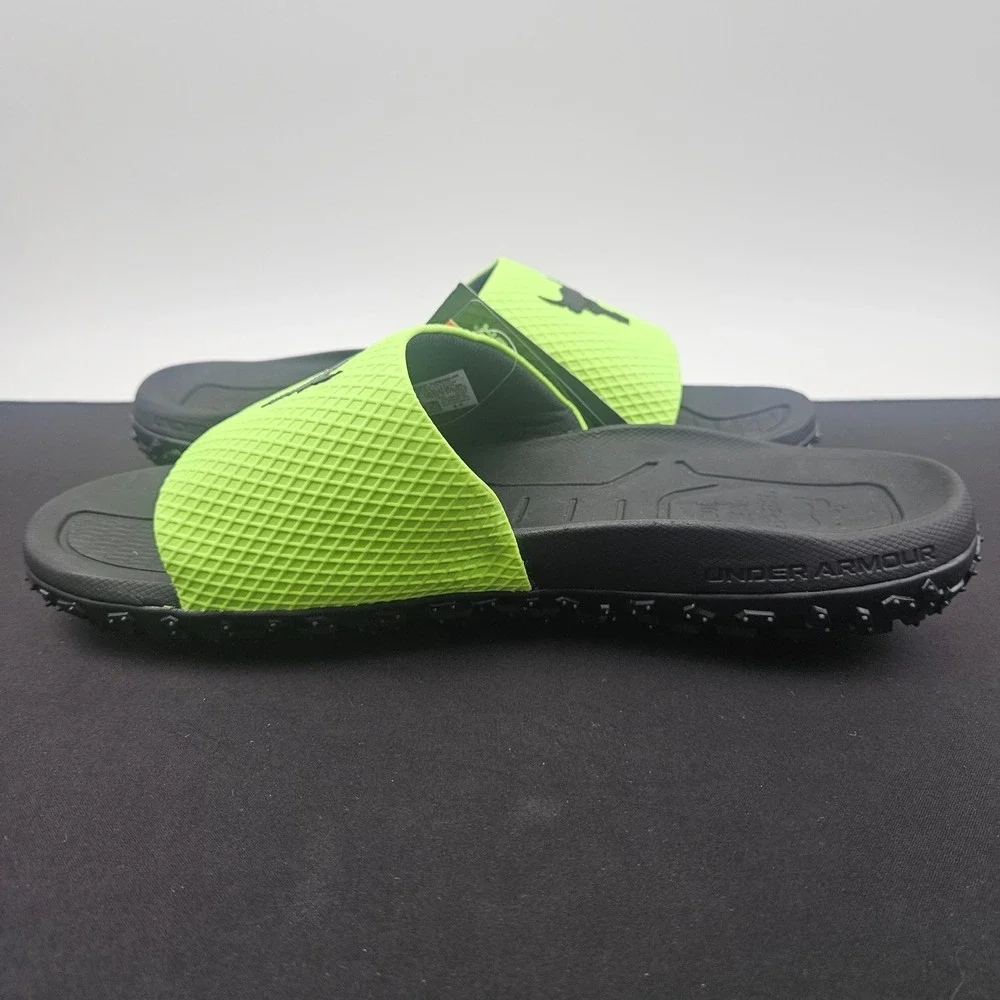 Under‎ Armour Project Rock SL 2.0 Mens Sz 13 Lime Green Black Slides 3025237-302